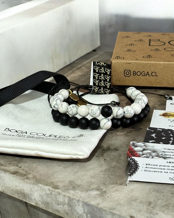 Pulseras de Distancia Mini Onix Mate y Howlita Blanca. - Boga Couples