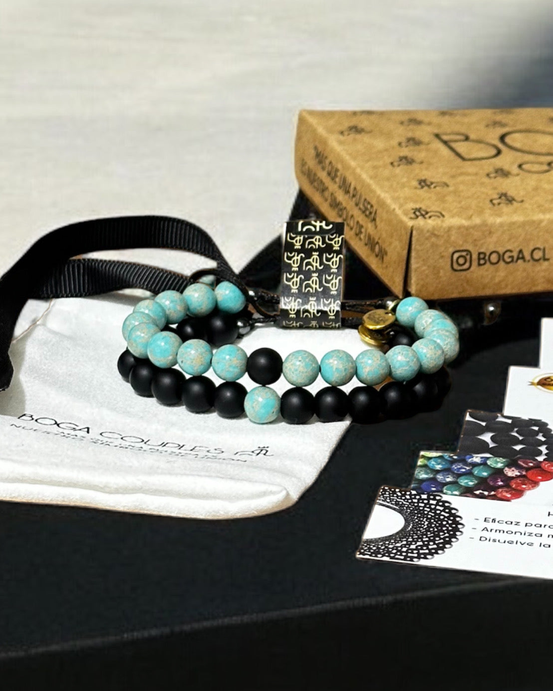 Pulseras de Distancia Jaspe Azul Turquesa y Onix Mate.